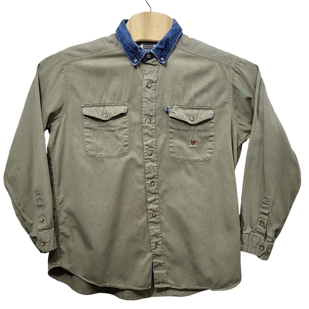 Rough Stock Panhandle Slim Mens Large Olive Green Denim Collar Western Shirt L